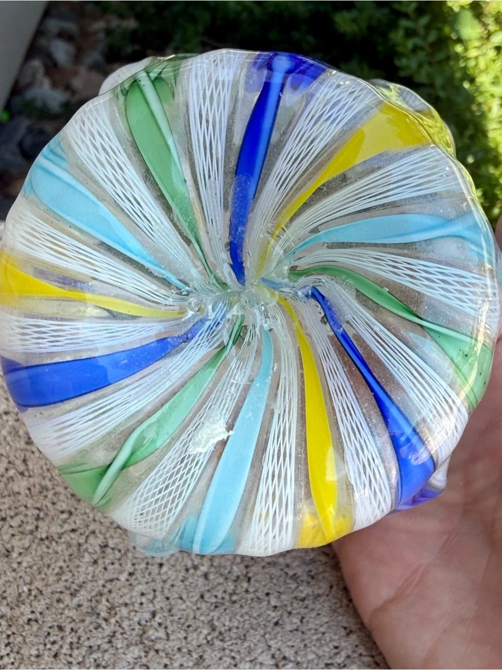 Murano Latticino Blue Green Yellow & White Ribbon Blown Glass Bowl Handkerchief